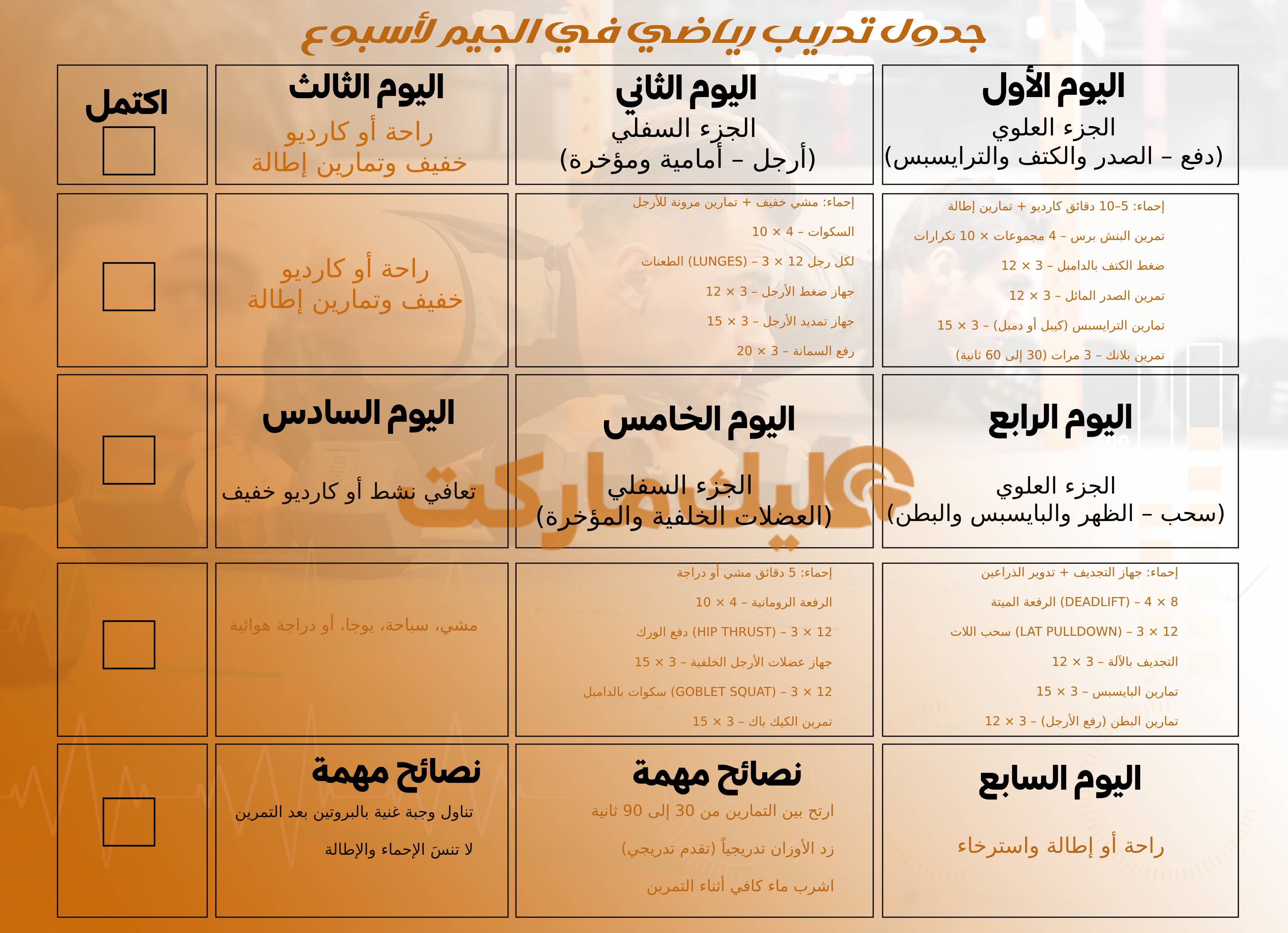 جدولك الرياضي الأسبوعي | خطتك للتمرين في الجيم